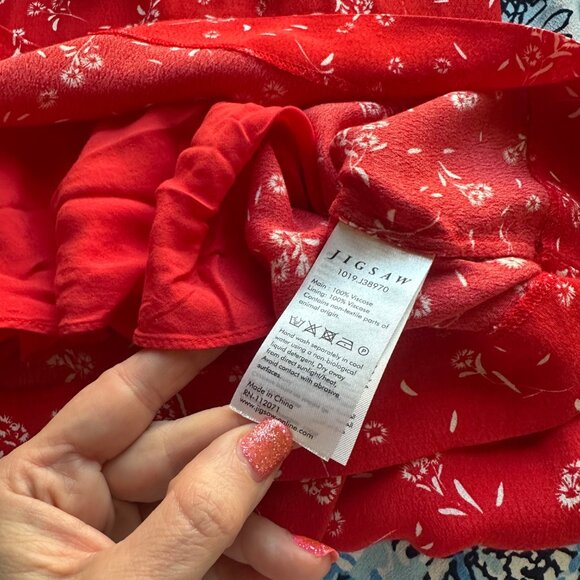Jigsaw Dandelion Floral Pleated Neck Shift Dress Womens Size 4 Boho Prairie Red - Picture 6 of 8